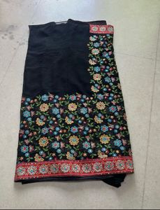 Elegant Black Floral Embroidered Saree