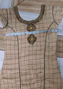 Beige Checked Kurta with Embellished Neckline