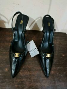 Zara Chic Black Patent Slingback Heels