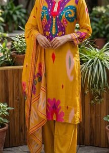 New Pure silk Ikkat yellow Kurta Set with Dupatta