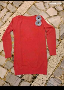 Coral Knit Sweater Dress with Floral Detail