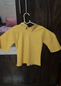 Yellow Embroidered Neck crop top