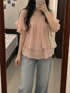 Chic Pink Polka Dot Flutter Sleeve Top
