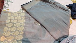 Elegant Grey Saree with Gold Border blouse