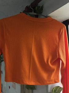 Orange Ribbed Long Sleeve Crop Top