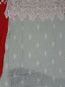Elegant Mint Kurta Set with White Lace Overlay