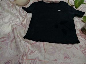 Chic Black Smocked Lettuce-Trim Tee | Textured Cro