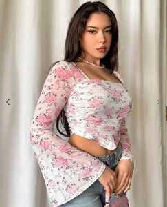 Floral Mesh Bell Sleeve Top