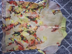 Chic Yellow Bird Print Sheer Top