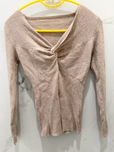 Twisted Neckline Ribbed Sweater