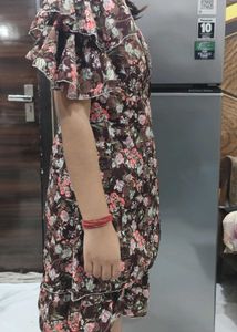 Brown Floral Ruffle Dress