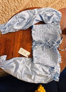 Chic Light Blue Smocked Top with Balloon Sleeves