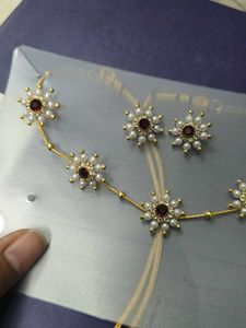 Pearl &amp; Ruby Flower Jewellery Set