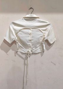 Cream Satin Cropped Button-Up Shirt