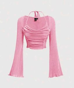 Brand New Pink Ruched Bell Sleeve Crop Top