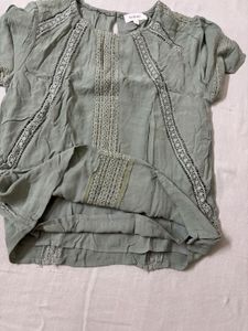 Olive Embroidered Short Sleeve Top