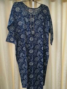 Blue Floral Print Kurta with White Embroidery