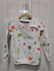 Girls White Embroidered Floral Ruffle Sweatshirt