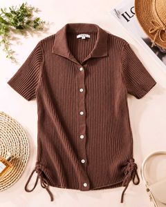 Brown Ribbed Knit Collared Top