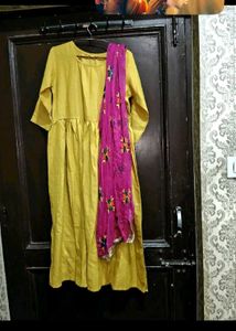 Yellow Kurta with Pink Embroidered Dupatta