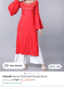 Women Red Bell Sleeves Kurta