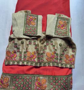 Elegant Coral Embroidered Silk Saree