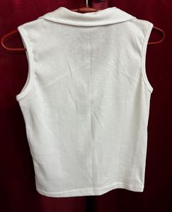 Cute White Ribbed Collared Tank Top