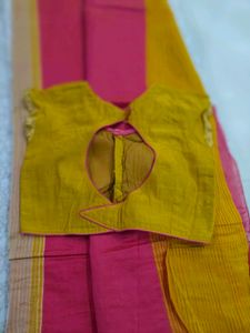 Vibrant Pink &amp; Yellow Saree with stich blouse