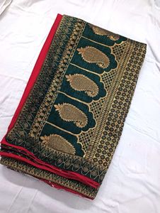 Royal Festive Red & Green Zari Border Saree