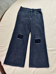 Black Wide Leg High Rise Slash Knee Jeans