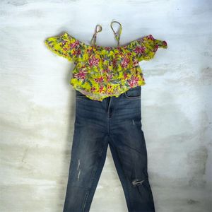 Boho Floral Off-the-Shoulder Top & Jeans Combo