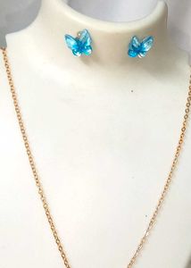 Cute Butterfly Blue Metal Necklace &amp; Earrings Set