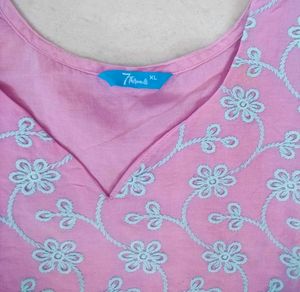 Pink Embroidered Cotton Kurta