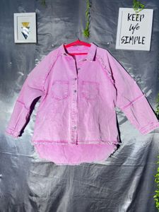 Frayed Hem Pink Denim Shirt