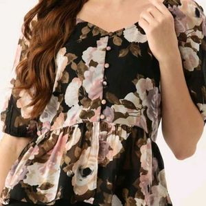 Floral Print Sheer Puff Sleeve Blouse