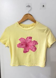 Yellow Cropped T-Shirt with Pink Flower