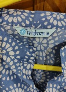 Blue Printed Mandarin Collar Cotton Top