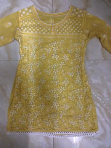 Lemon Yellow Heavy Chikankari Kurti with Lace