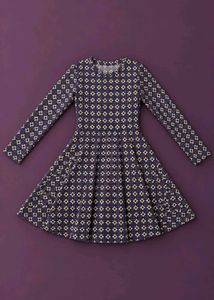 BLUE &amp; MUSTARD GEOMETRIC PRINT FLARED DRESS
