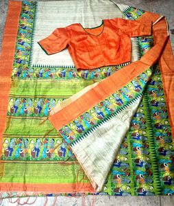 patli pallu Handpainted Silk Saree with Blouse