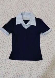 Chic Navy Blue Collared Top