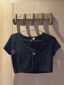 Black Cropped Ribbed Top with Butterfly Detail