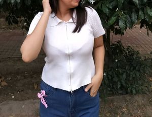Ribbed Zip-Up Collared Top