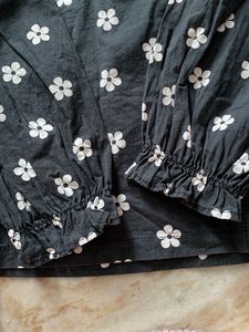 Black Floral Print Button-Up Top