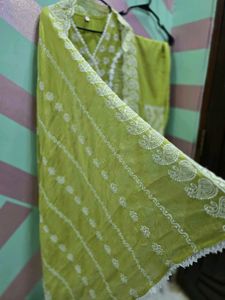 pure mulmul embroidered anarkali suit set green