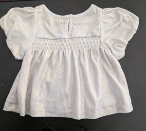 Kids White Ribbed Smocked Puff Sleeve Top