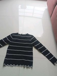 Striped Long Sleeve Top with Ruffle Neck