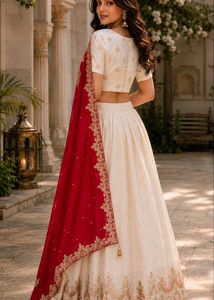 Ivory &amp; Red Embroidered Lehenga Choli with Dupatta