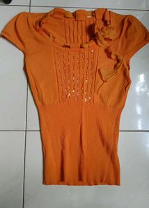 Orange Ribbed Knit Top with Bow Detail