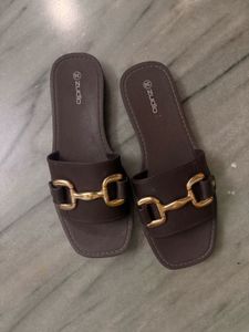 Stylish Women's Brown Slides with Gold Buckle